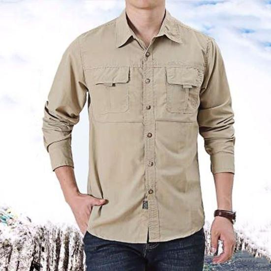 Outdoor Shirt Long Sleeve Pure Color Soft Wear-resistant Men Shirt Climbing Clothes