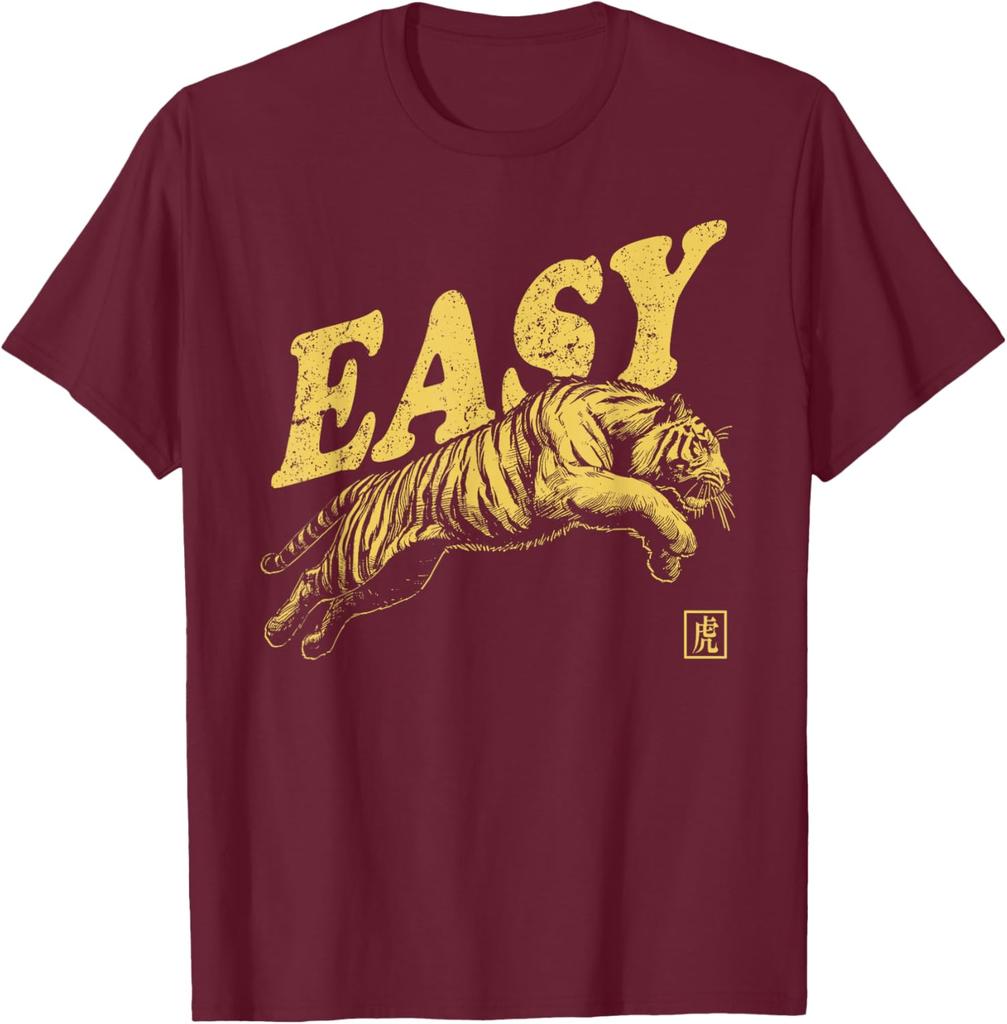 Easy Tiger Graphic Print Men Casual Cotton TShirt Retro Distressed Style Tee