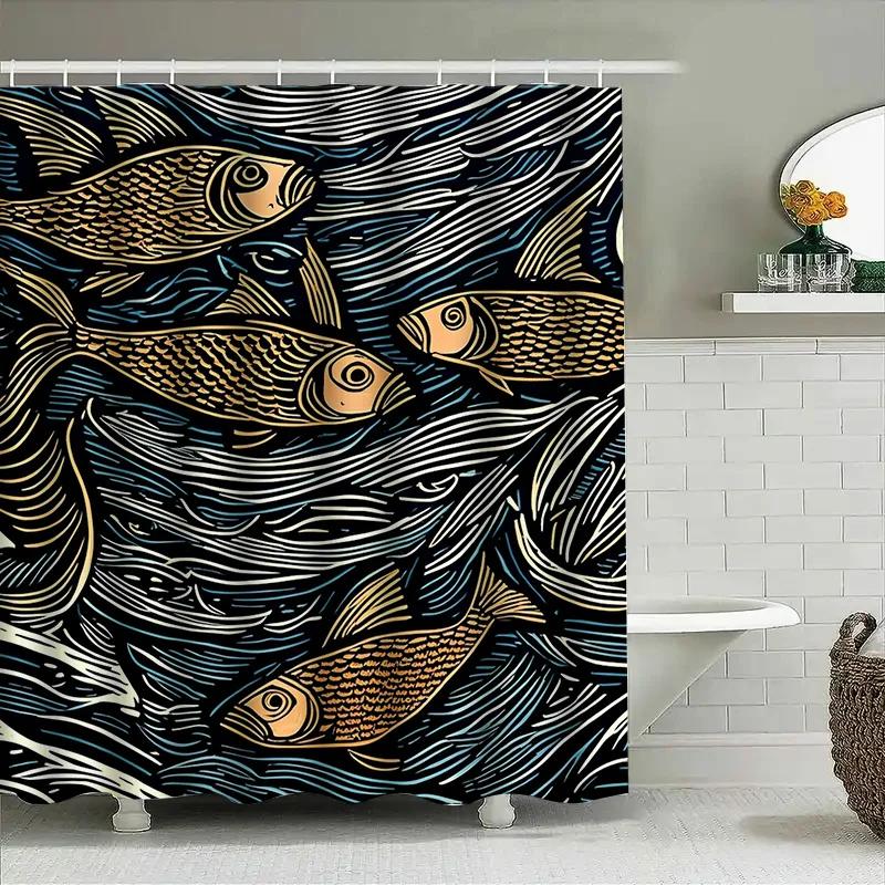 Modern Artistic Colorful Fish Pattern Waterproof Shower Curtain For Stylish Bathroom Decor, Easy Install