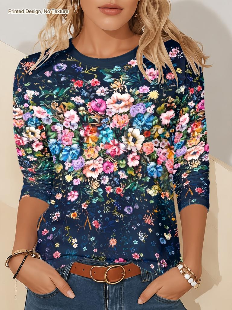 Women's T-Shirt Floral Graphic Plants Retro Long Sleeve O-Neck Pullover Regular Tops Daily 3D Print Autumn Tees Female Clothing