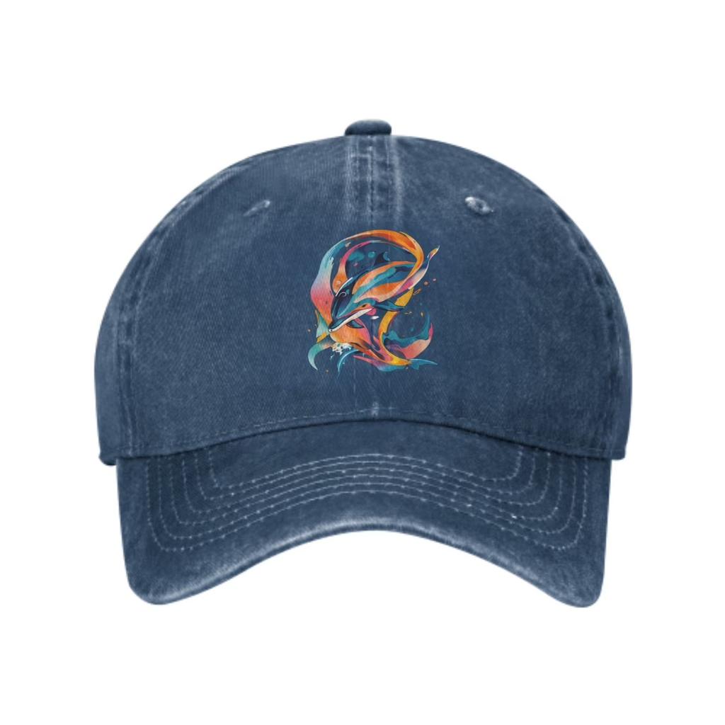 Artistic Dolphin Baseball Cap Washed Cotton Adjustable Casual Outdoor Trucker Hat