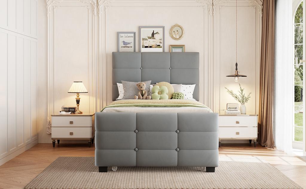 Upholstered Bed 90 X 190 Cm with Pull-Out Bed, Flat Single Bed In Skin-Friendly Velvet Fabric, Children's Bed Youth Bed Guest Bed (Grey)