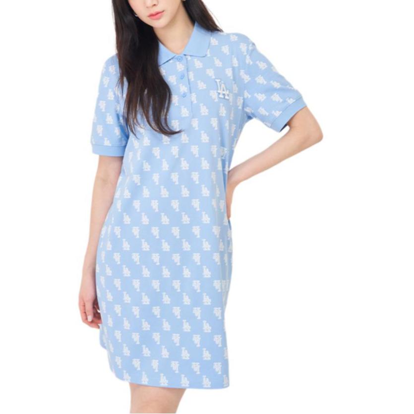 MLB Los Angeles Dodgers SS24 All Over Print Polo Collar Straight Sports Short Sleeve Dress Women dresses Sky-Blue 3FOPM0143-07SBS