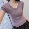 U-Neck Ice Silk Short-Sleeve Women's Summer Knit Top - Slim Fit, Elastic, Breathable, Hollow-Out Design