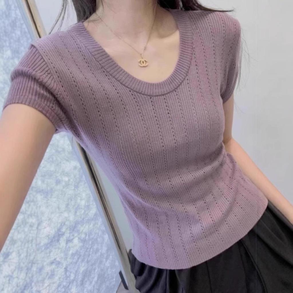 U-Neck Ice Silk Short-Sleeve Women's Summer Knit Top - Slim Fit, Elastic, Breathable, Hollow-Out Design