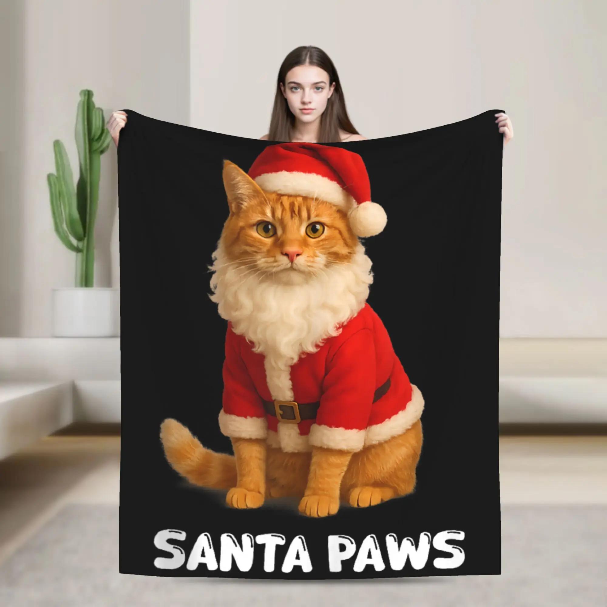 Warm Blanket for Students Santa Paws Orange Tabby Cat Christmas Throw Flannel Bedspread for Couch or Chair 100x150cm
