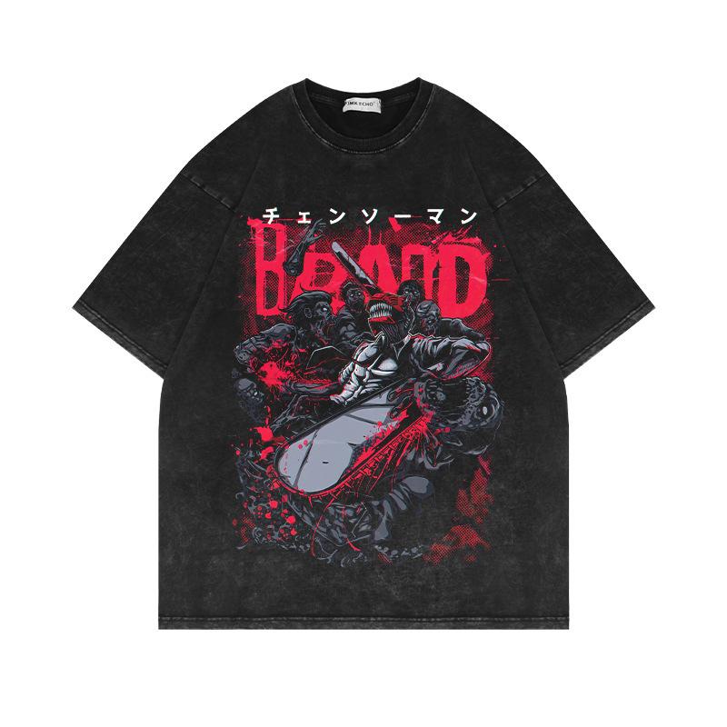 Summer New Pure Cotton Tide Brand American Retro Men's Clothing Washed Old Chainsaw Man Animation Loose T-shirt Men and Women Ins
