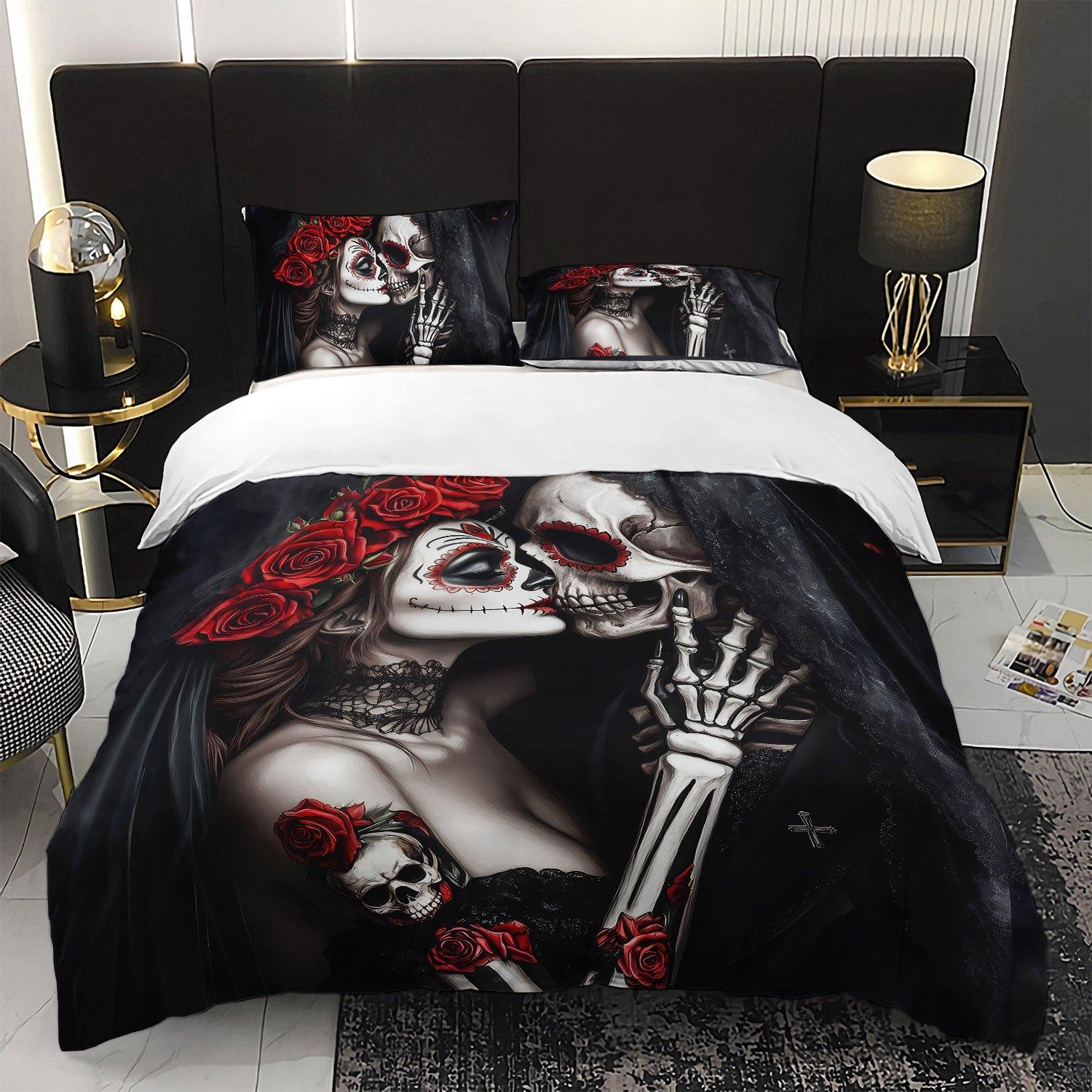 3pcs Gothic Sugar Skull Bedding Duvet Cover Set Day of the Dead Bedding Quilt Set Dark Romantic Themed Bed Quilt Set Halloween Duvet Cover Set&EU Single(135x200cm)