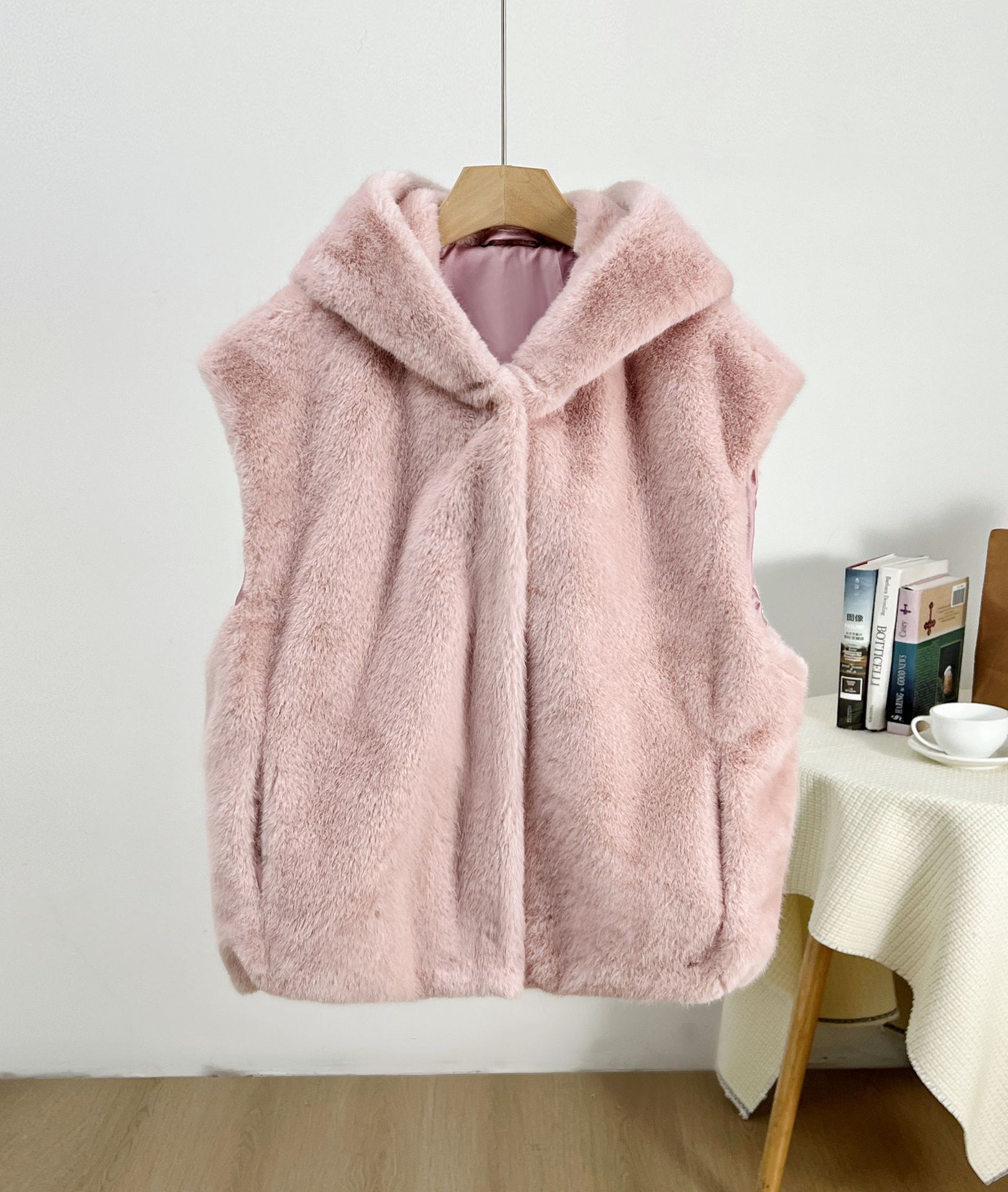 

Spring New Hooded Vest Imitation Mink Fur Button Down Vest Jacket Versatile Short Style one size fits all