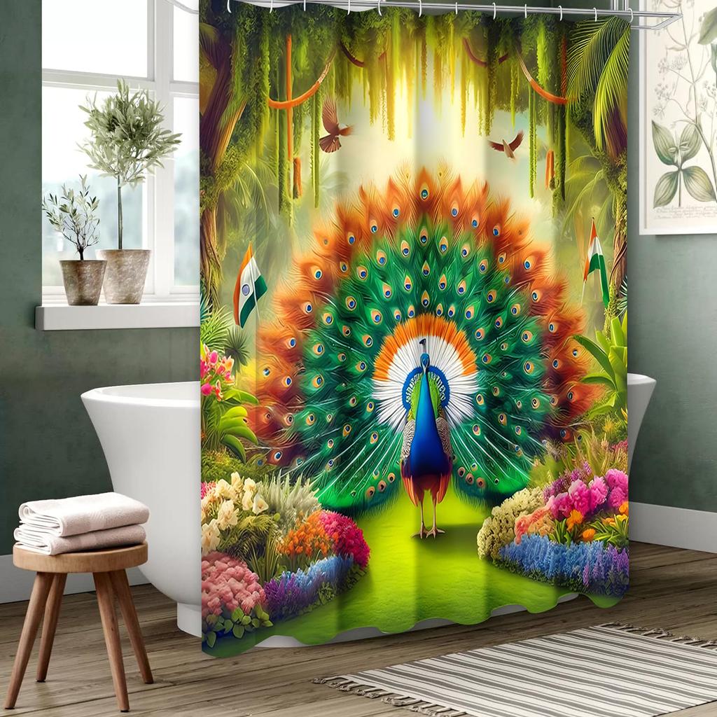 Peacock Landscape Pattern Bathing Curtain  Bathroom Letters Shower Curtain Waterproof With 12 Hooks Fishes Home Deco Free Ship