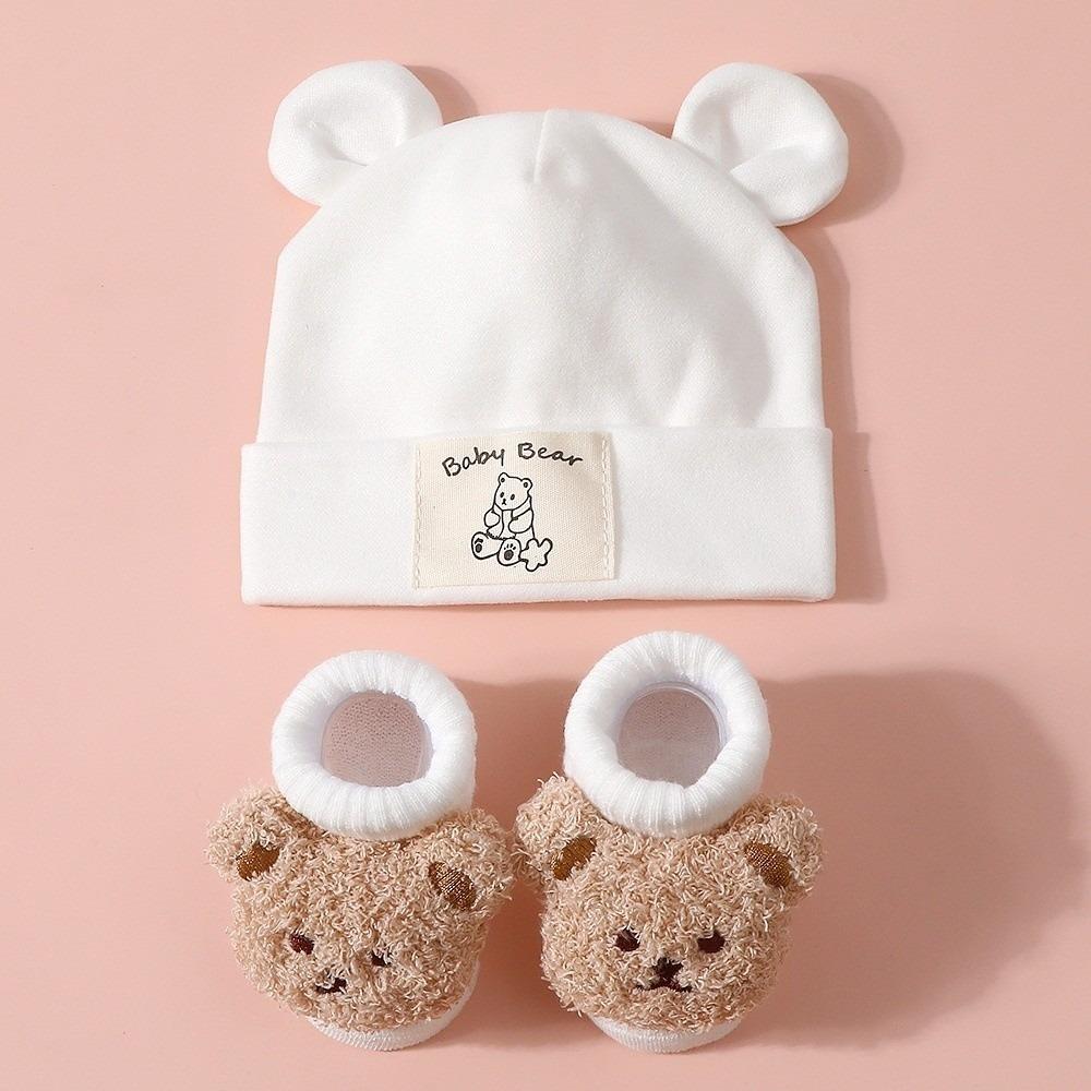 2Pcs/Set Warm Bear Ear Beanie Cotton Infant Cap Socks Cute Baby Turban Socks  Autumn Winter