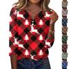 Women's Christmas Print V-Neck Three-Quarter Sleeve T-Shirt with Button Casual Holiday Top