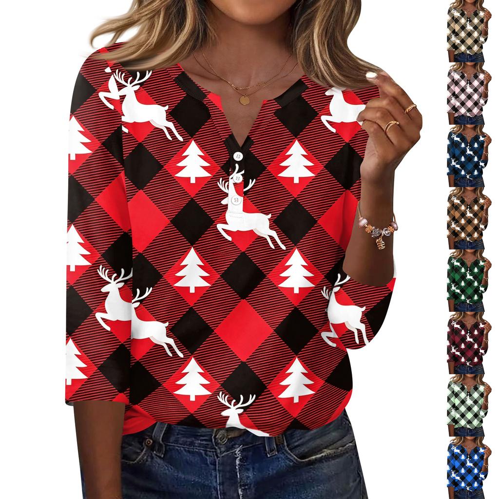 Women's Christmas Print V-Neck Three-Quarter Sleeve T-Shirt with Button Casual Holiday Top