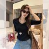 Korean New Early Autumn Wear Black Medium-sleeved Five-quarter-sleeved T-shirt with a Base Inside, Slim and Thin Top for Women