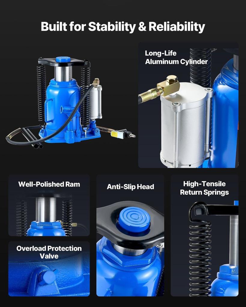 Air Hydraulic Bottle Jack, 32 Ton (70546.9 lbs) Capacity, 255-415 mm Lifting Range, Pneumatic/Manual Heavy Duty Welded Bottle Jack with Pump for SUV,