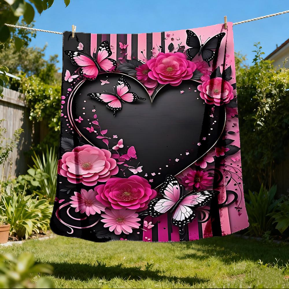 1pc Butterfly Heart Outdoor Blanket - Soft Flannel Cozy for Travel & Camping - All-Season Warm Bed Cover, Machine Washable Yy251229109