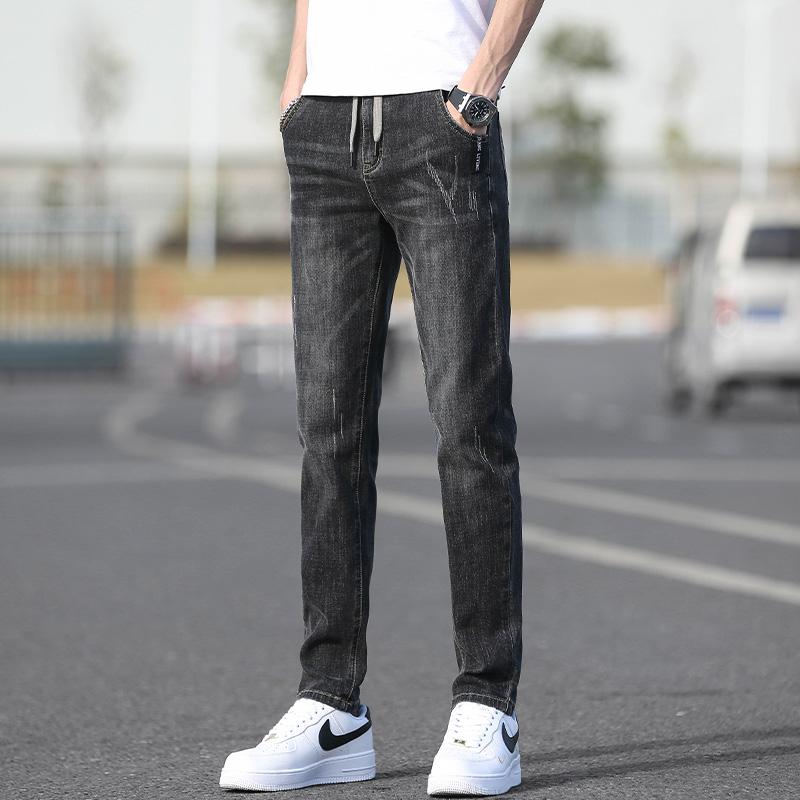 Men's Slim Straight Jeans Elastic Waist Drawstring Trendy Skinny Pants Stretchy Fashionable Durable Long Pants