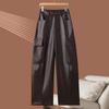 Womens Low Waist Cargo Pants Streetwear Loose Straight Leg Leather Solid Color