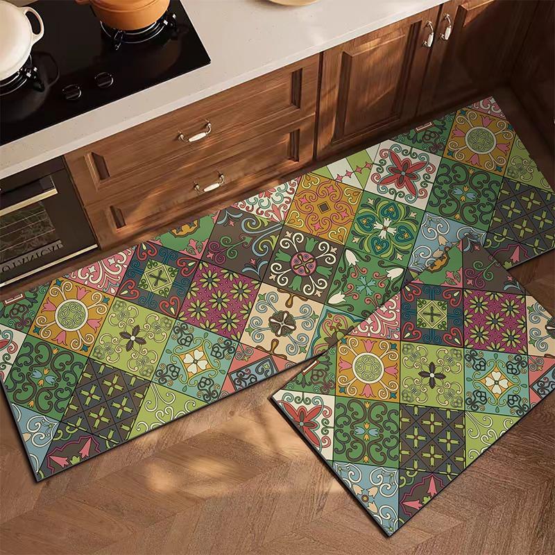 PVC Kitchen Carpet Waterproof Leather Floor Mat Oil-proof Non-slip Long Foot Mats Color Stripes Ethnic Style Home Decoration Rug