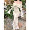 Fairy Gentle One-word Shoulder Lace Dress French Temperament Tube Top Waist Hip Trailing Long Dress
