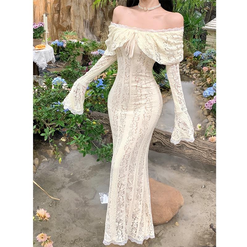 Fairy Gentle One-word Shoulder Lace Dress French Temperament Tube Top Waist Hip Trailing Long Dress