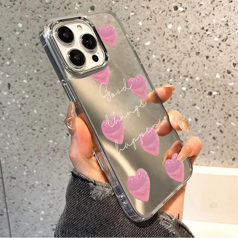 Pink Heart Pattern Mirror Phone Case For IPhone 17 16 Plus 15 14 11 12 13 Pro Max 17E 16E Shockproof Soft Protective Back Cover