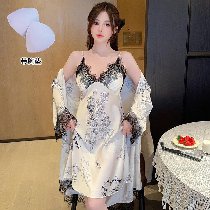 New ice silk nightdress sexy two-piece lace edge pure desire sexy simple color scheme nightdress