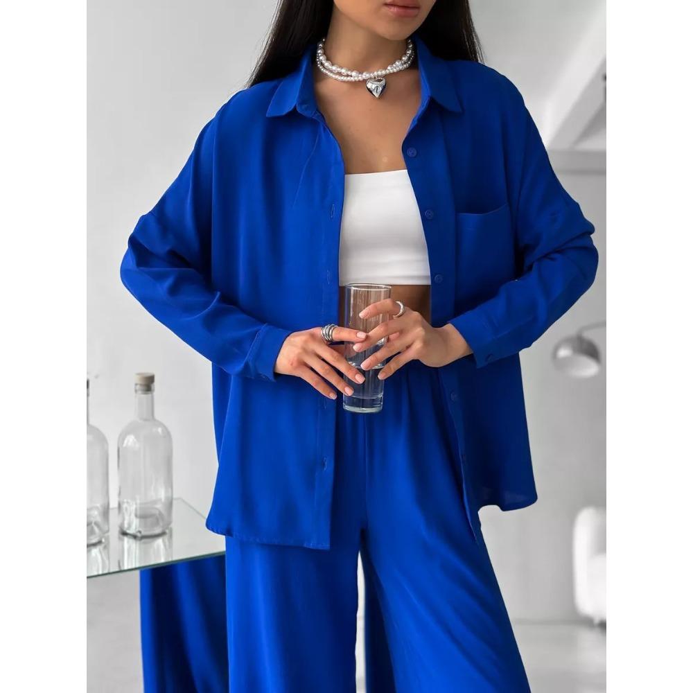 Women's Lapel Pocket Long Sleeve Button Down Shirt And Elastic Waist Wide Leg Pants Two Piece Casual Tracksuit
