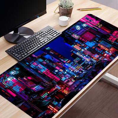 Cyberpunk Neon City Night View Large Gaming Mouse Pad Office Desk Mat Computer Keyboard Pad Birthday Holiday Gift for Men Friend