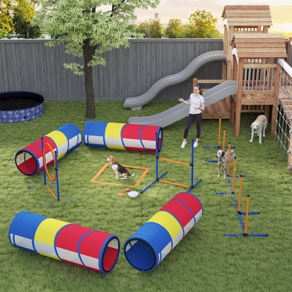 Dog Agility Equipment, 12-Piece, 4 Tunnels, Jumps, Ring, Slalom, 357 x 65 x 68 cm, Multicolored