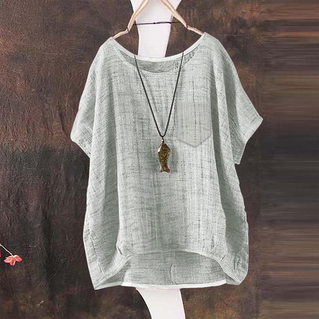Women's Fashion Loose Round Neck Pocket Button Cotton Linen T-Shirt Casual Tops