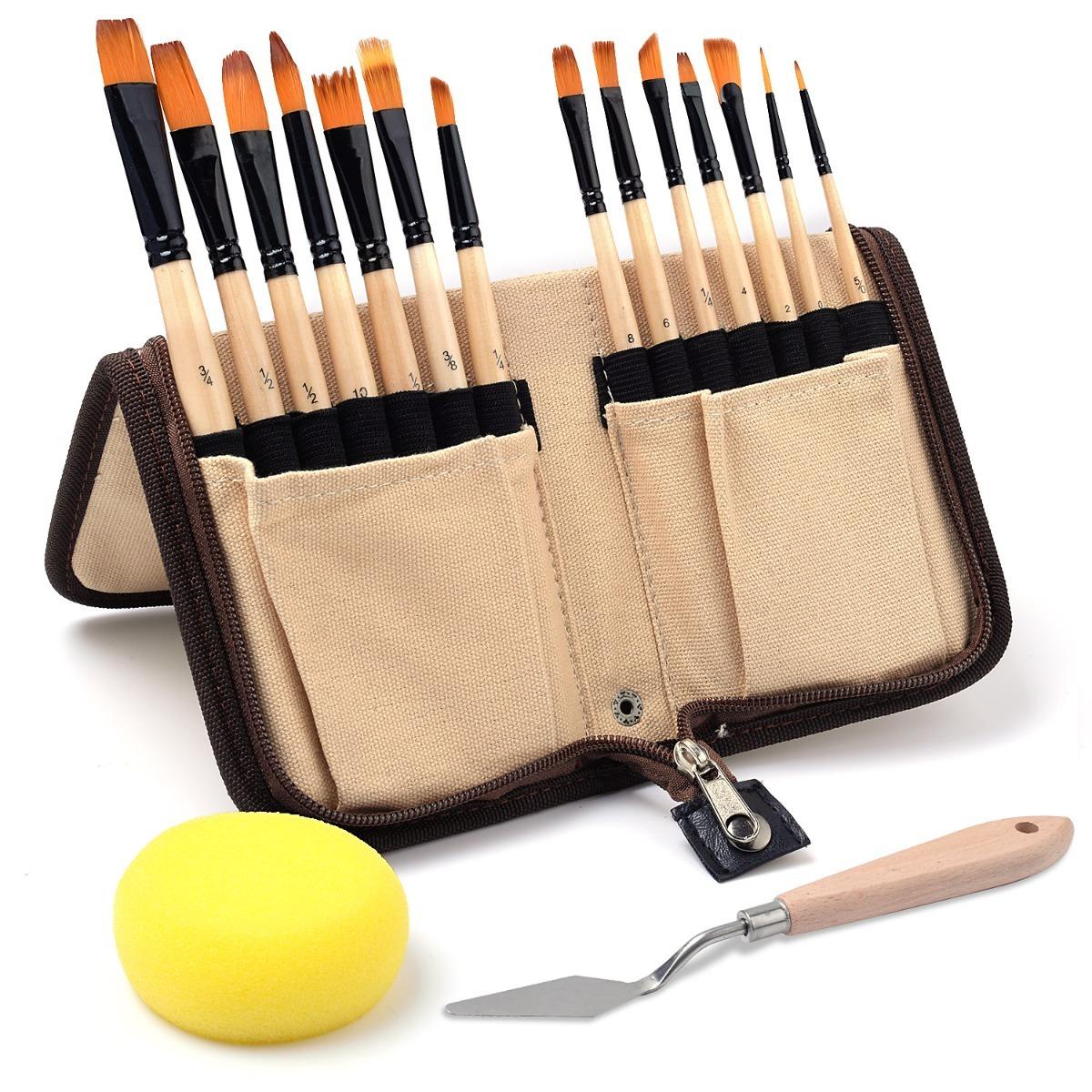 

15 Pcs wooden stick nylon acrylic oil painting and watercolor brush canvas bag painting set