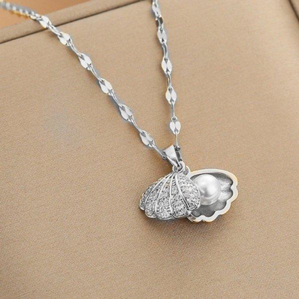 

Stainless Steel Shell Pearl Pendant Necklace for Women 2026 Trend Luxury Crystal Zircon Necklaces Fashion Jewelry Birthday Gift