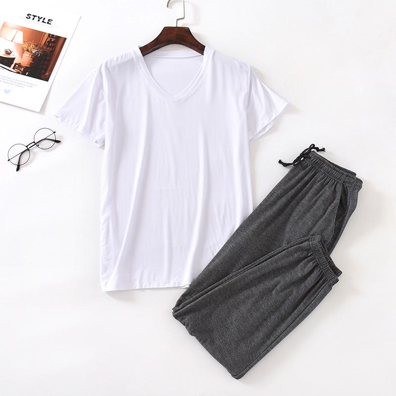 Men's Spring and Summer Thin Home Suit Set with V-neck Short Sleeved Top and Tapered Pants, Loose Oversized Air Conditioning Comfort Two-piece Set
