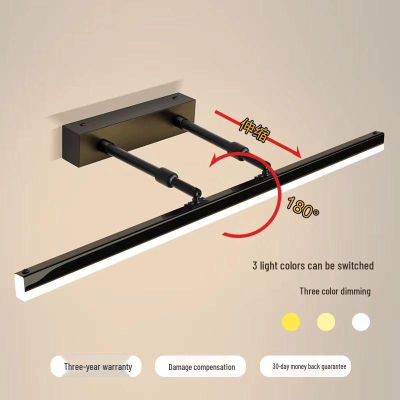 Waterproof LED Vanity Light with Retractable Bracket and Mist-Proof Acrylic Shade for Bathroom Mirrors.