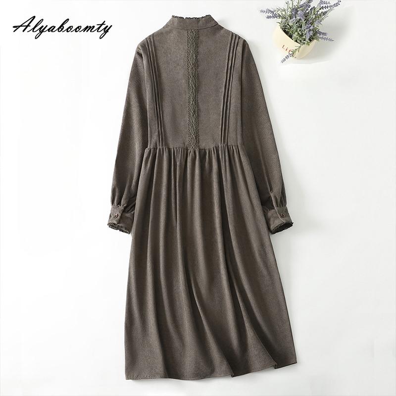 Abito in Velluto a Coste da Donna Autunno Primavera Stile Mori Giapponese Collo Alto Khaki Nero Ampio Oversize Taglie Forti Abito Midi con Patchwork di Pizzo