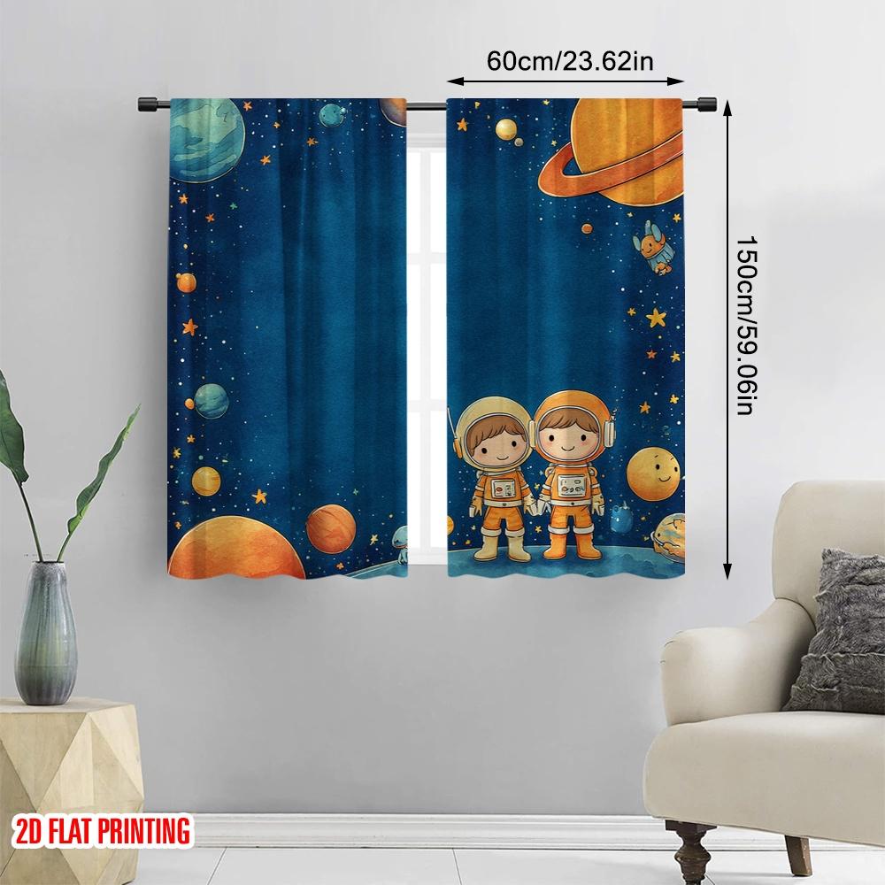 2pcs 2D flat printing Window Treatment Curtains Space Adventure Planet Astronaut Digital Printed Polyester Drapes Seasonal Party