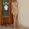 European and American sexy v-neck suspender light dress hot-selling Spice Girl hollow high split sequin long dress