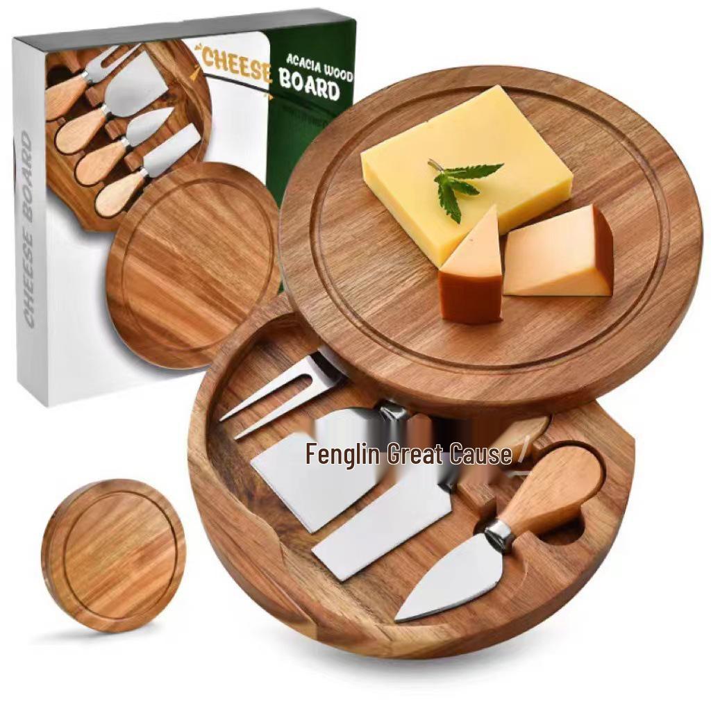 Acacia Wood Round Cheese Board & Knife Set