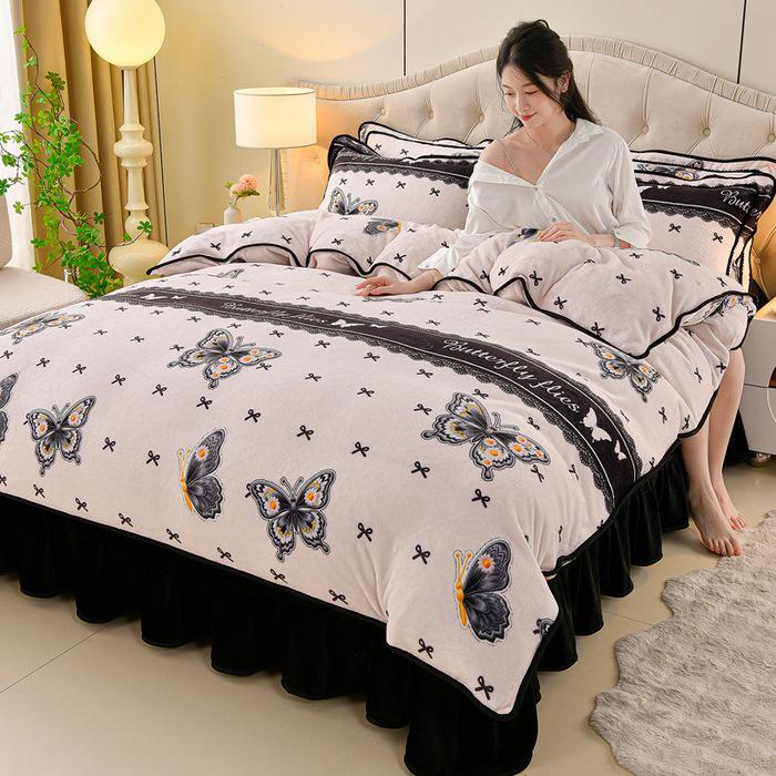 Cozy Flannel 230g Milk Velvet Printed Bed Set with Skirt - New Autumn/Winter Collection, Hot Seller