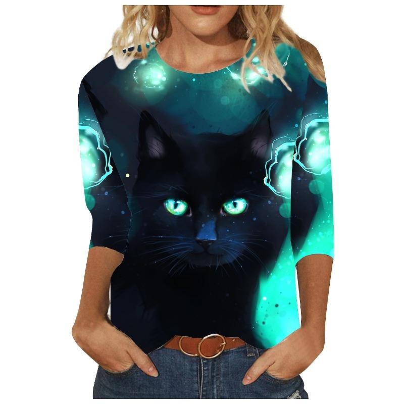 Round Neck 3D Cat Printed Top Casual Long Sleeved Women's T-shirts - Soft Medium Stretch Polyester Fabric Spring and Autumn Relaxed Fit Clothing
