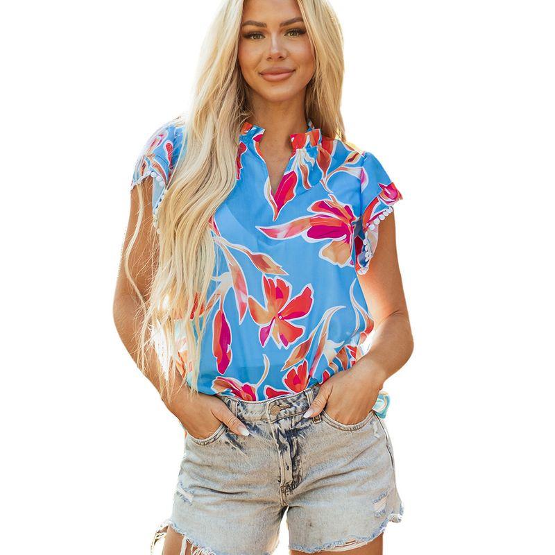American Shiying Flower V-neck Short Sleeve T-shirt Women 2025 Summer New Thin Loose Frill Pullover