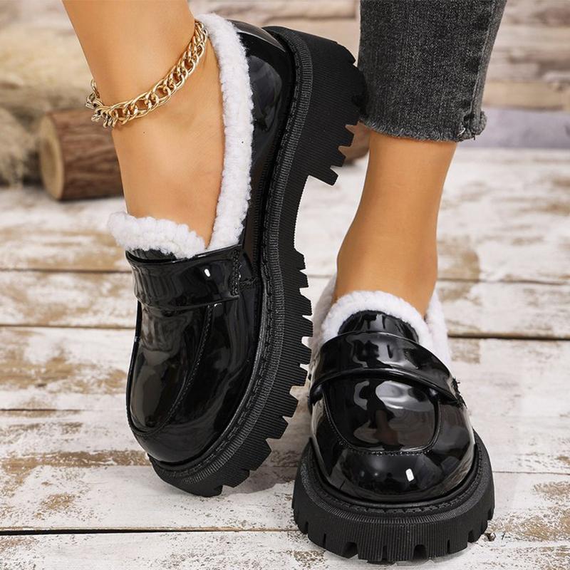 Módní Zateplené Mokasíny Dámské Zimní Faux Pu Kůže Nazouvací Teplé Boty Žena Nadměrná Velikost Platforma Bavlněné Boty Dámské