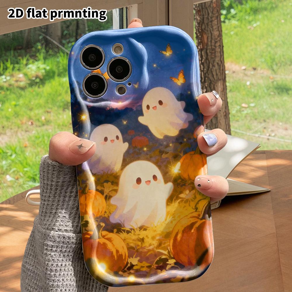 Phone Case: 2D Flat Design Suitable for iPhone 18 17 16 15 14 13 Pro Protective Case, Little Ghost In the Pumpkin Field, Perfect Christmas and Hallowe