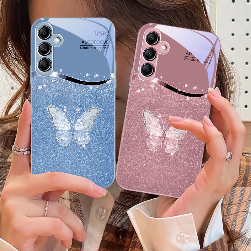 Gradient Diamond Butterfly For Samsung Galaxy A14 4G 20 30 52 20S 21S 22 32 33 34 42 50 51 53 54 70 71 72 73 5G Glass Phone Case
