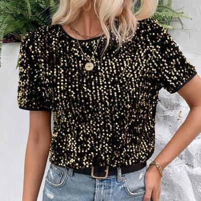 Sequined Crew Neck Summer Women Blouse Commuter Loose Short Sleeved Top Women's Casual Elegant T-shirt Fashion Simple Streetwear Sweet Simple Shirts