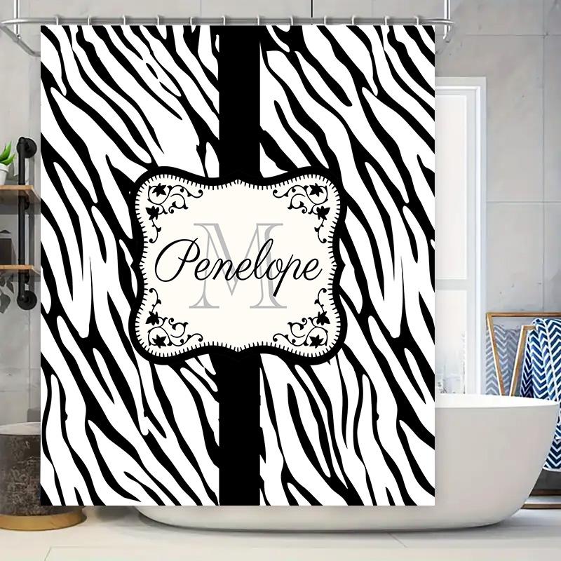 

Classic Zebra Print Shower Curtain Set Personalized Monogram Penelope Bathroom Decor Custom Name Initials M Pink White Black HAM 90x180cm