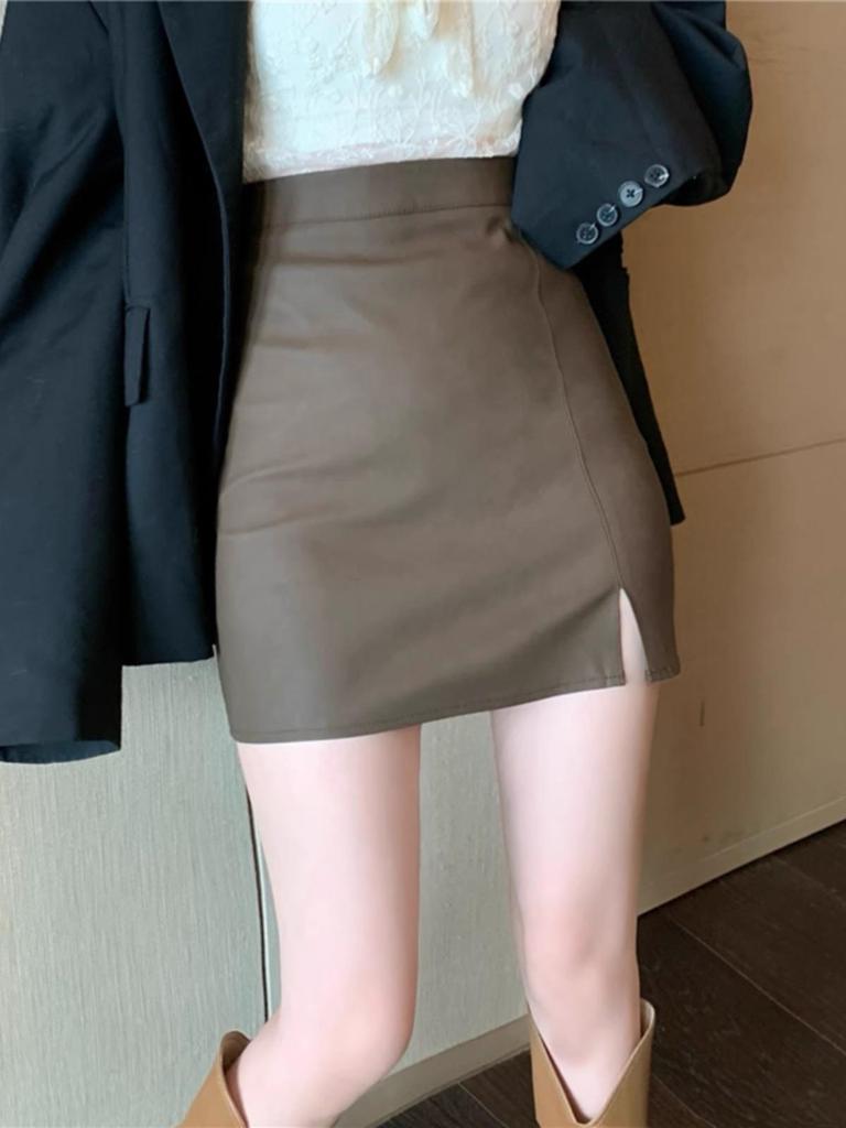 2023 New Coffee High-Waist PU Leather Skirt for Women: Slim Fit, Autumn/Winter Anti-Exposure Style