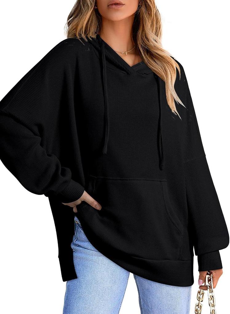 2024 Women's Hooded Waffle Knit Pullover Sweatshirt with Pocket, Long Sleeve, Autumn/Winter