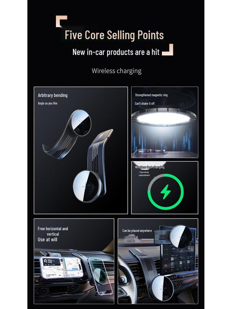 Magnetic 15W Wireless Car Charger with Bendable Dashboard Phone Holder